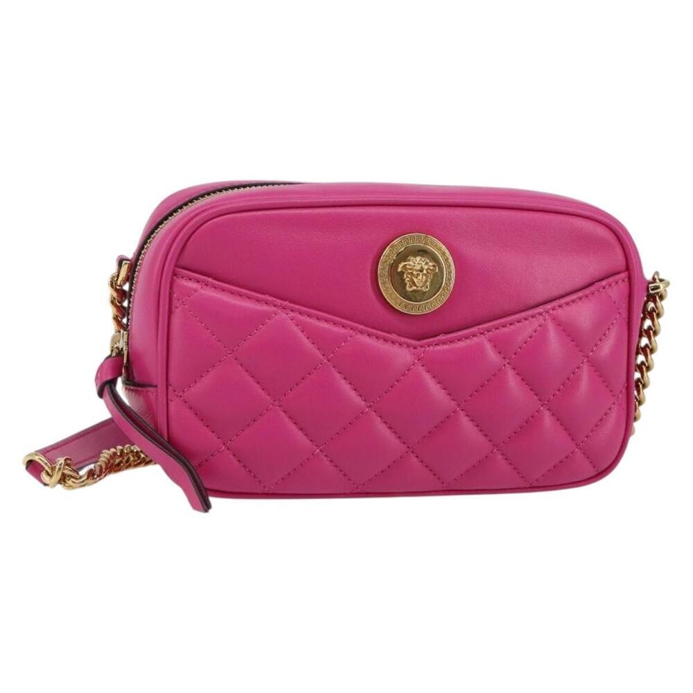 Versace Hot Pink Quilted Leather Crossbody Shoulder Bag with Gold Hardware